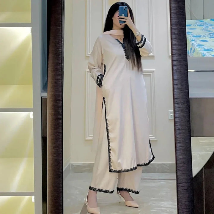 Women’s White Traditional Outfit with Black Border Stylish Ethnic Fashion
