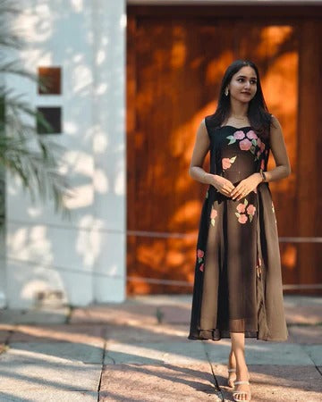 Women’s Black Printed A-Line Dress Stylish Casual Outfit