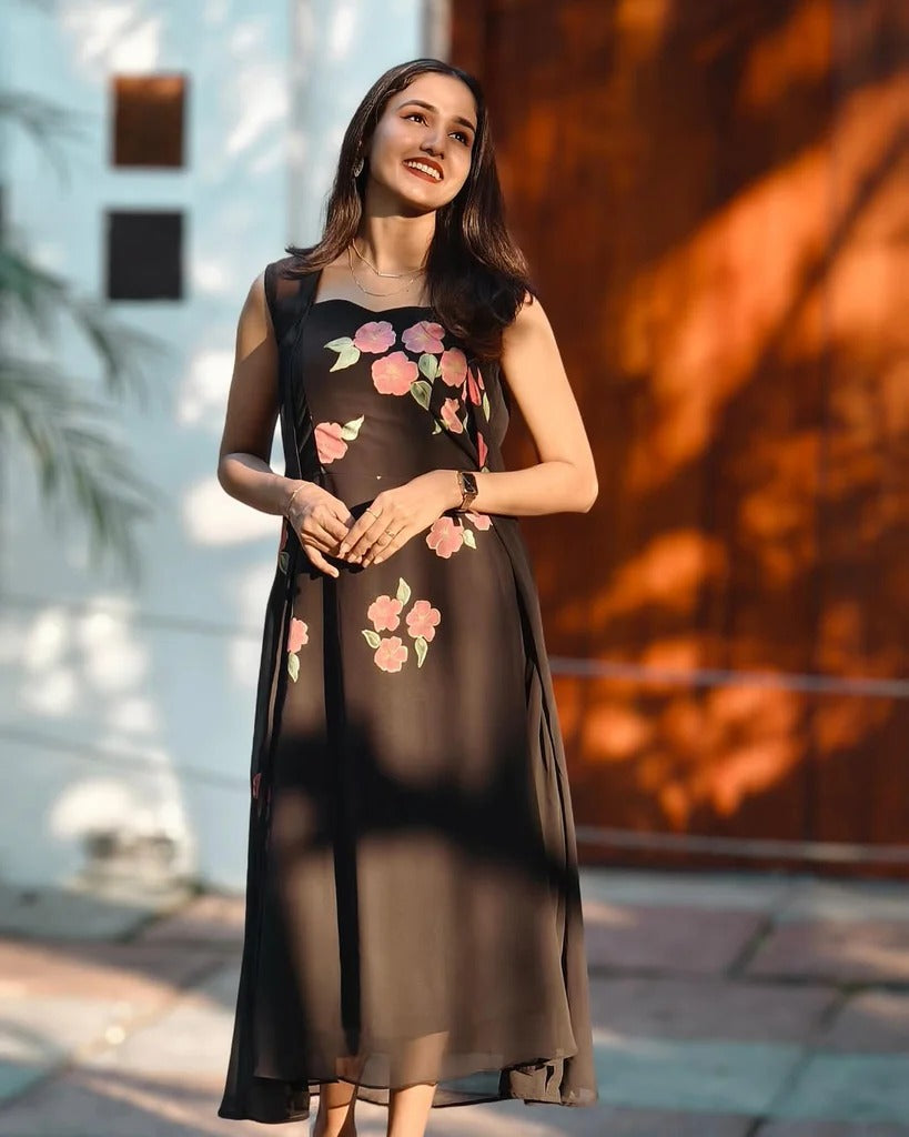 Women’s Black Printed A-Line Dress Stylish Casual Outfit