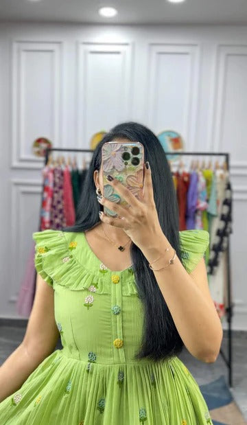 Elegant Lime Green Floral Midi Dress for Women Premium Casual Wear