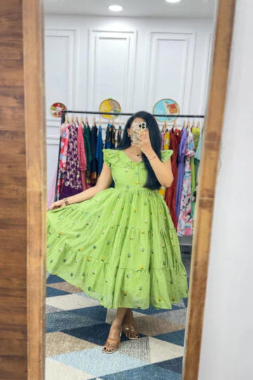 Light Green Printed Tiered Midi Dress