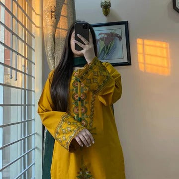 Women’s Mustard Ethnic Dress with Floral Embroidery Festive Outfit