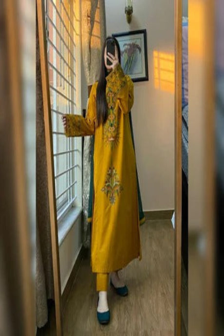 Women’s Mustard Ethnic Dress with Floral Embroidery Festive Outfit