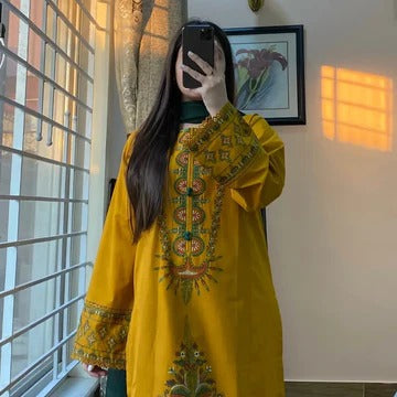 Women’s Mustard Ethnic Dress with Floral Embroidery Festive Outfit
