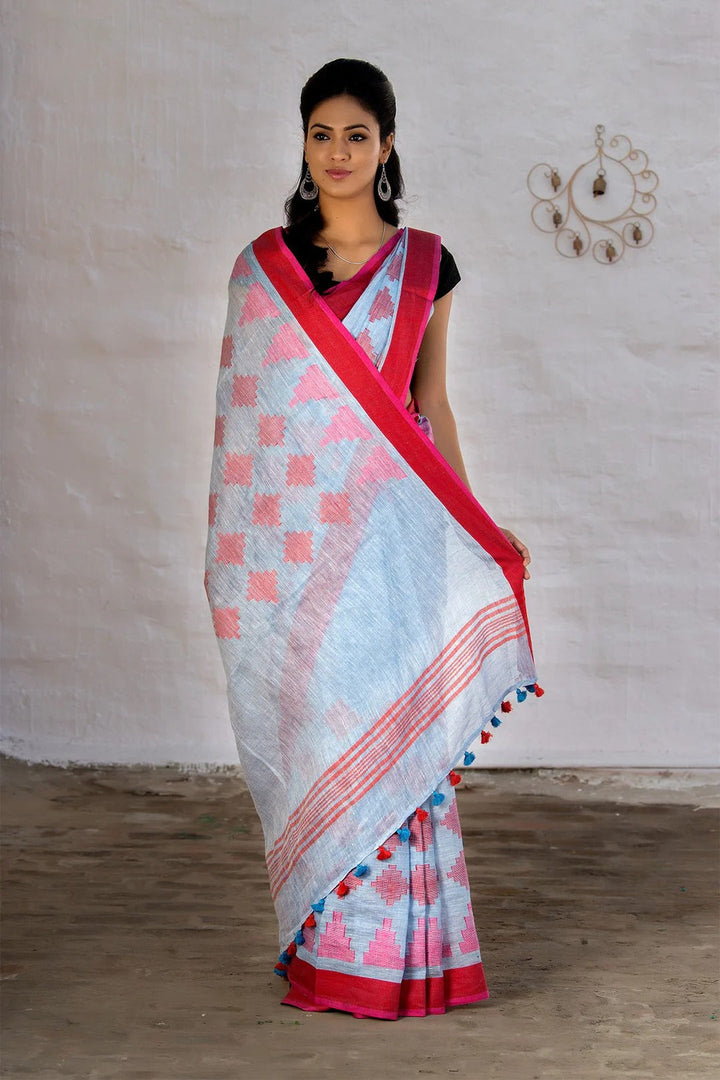 Casual Wear Lightblue And Red Pure Linen Saree