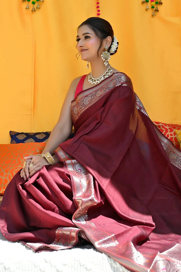 Casual Wear Maroon Color Banarasi Silk Saree