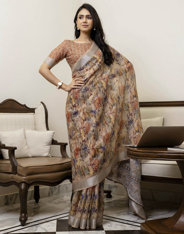 Festival Wear Beige Color Linen Silk Printed Saree
