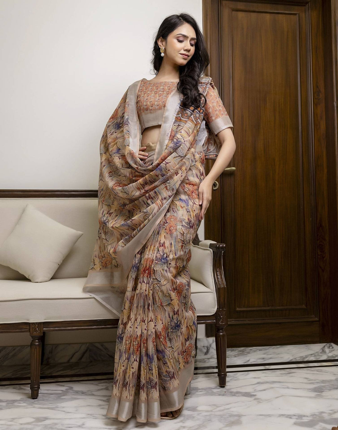 Festival Wear Beige Color Linen Silk Printed Saree