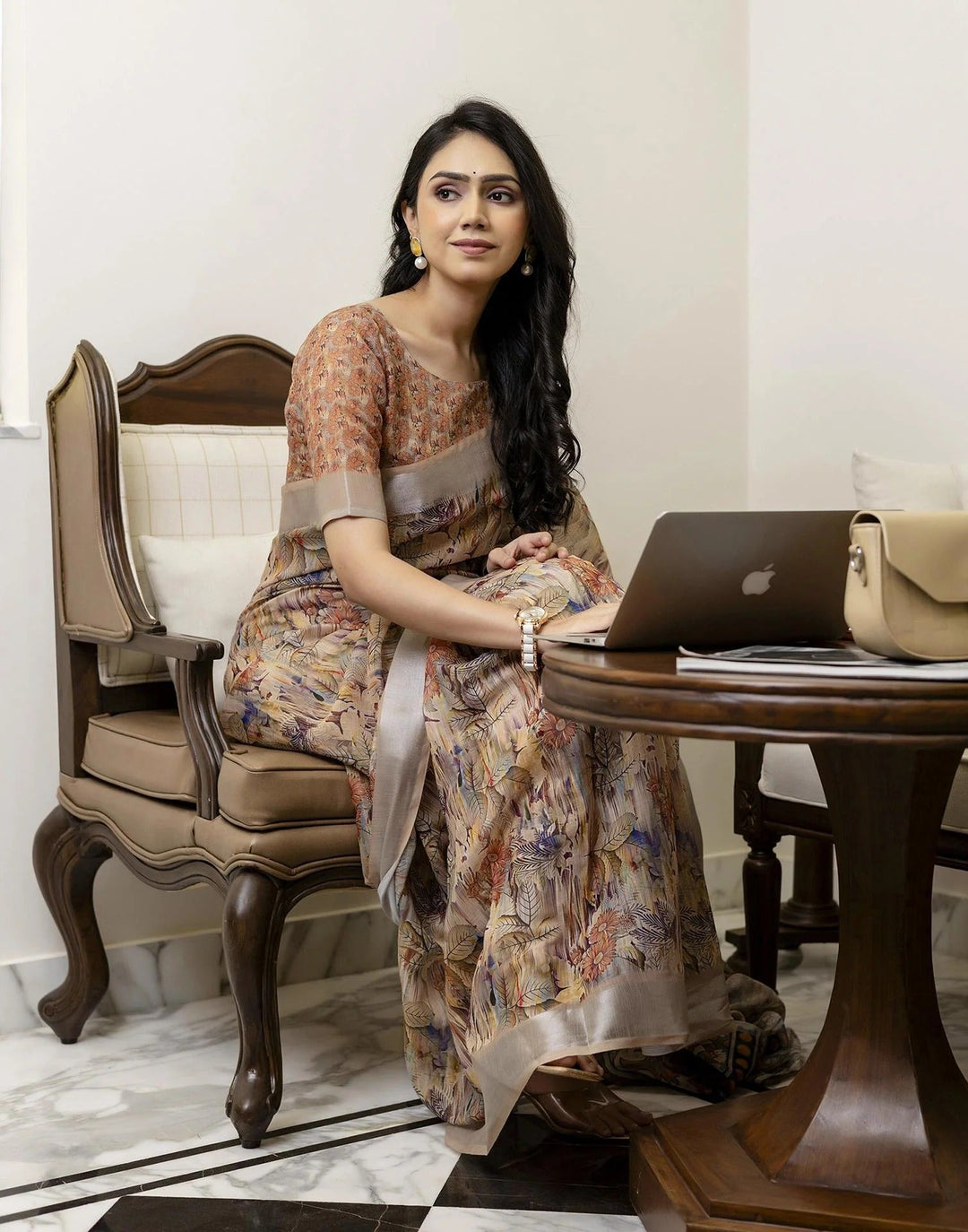 Festival Wear Beige Color Linen Silk Printed Saree
