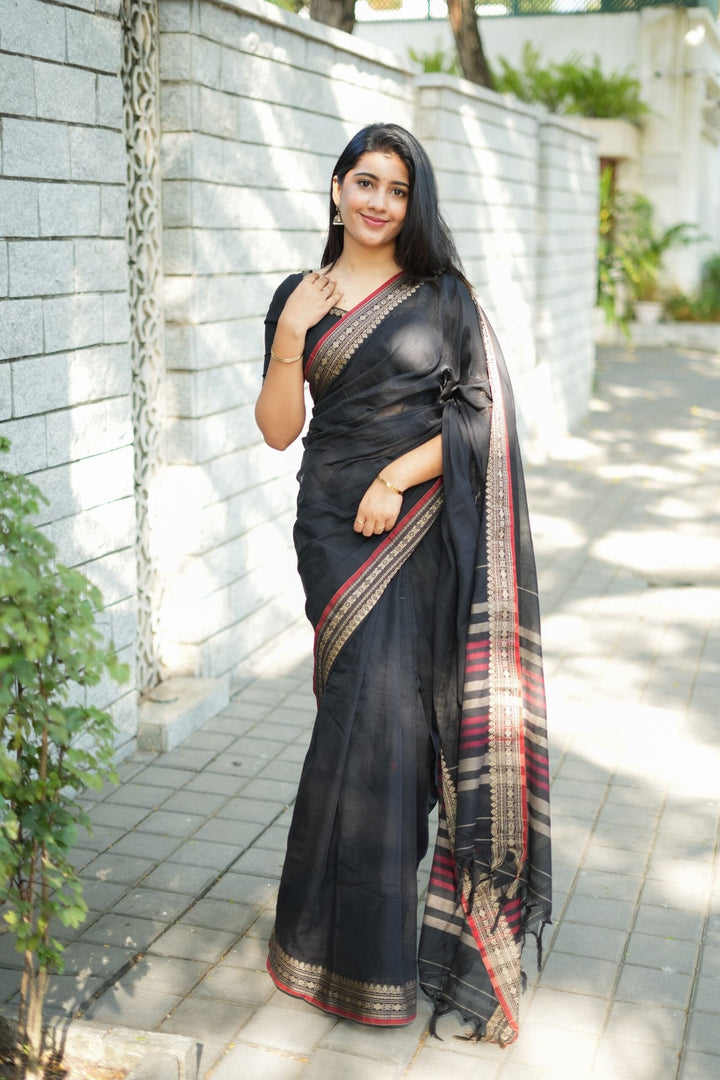 Festival Wear Black Color Cotton Silk Saree
