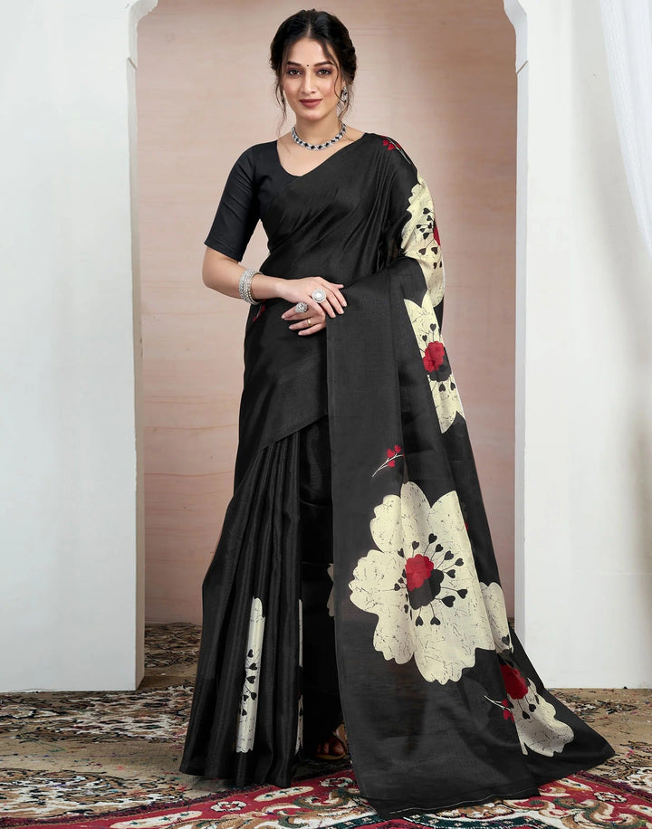 Festival Wear Black Color Soft Silk Printed Saree