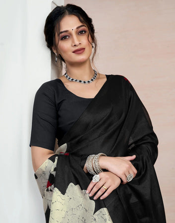 Festival Wear Black Color Soft Silk Printed Saree