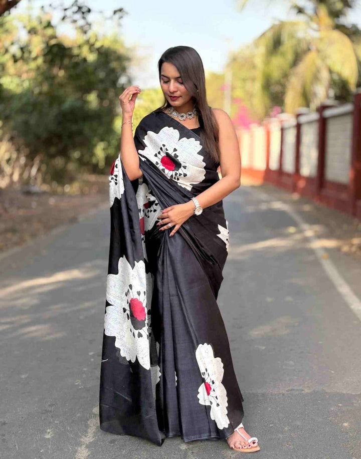 Festival Wear Black Color Soft Silk Printed Saree