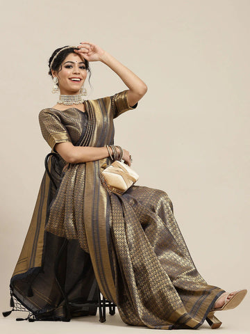 Festival Wear Charcoal Grey and Gold Color Soft Silk Saree