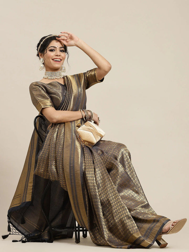 Festival Wear Charcoal Grey and Gold Color Soft Silk Saree
