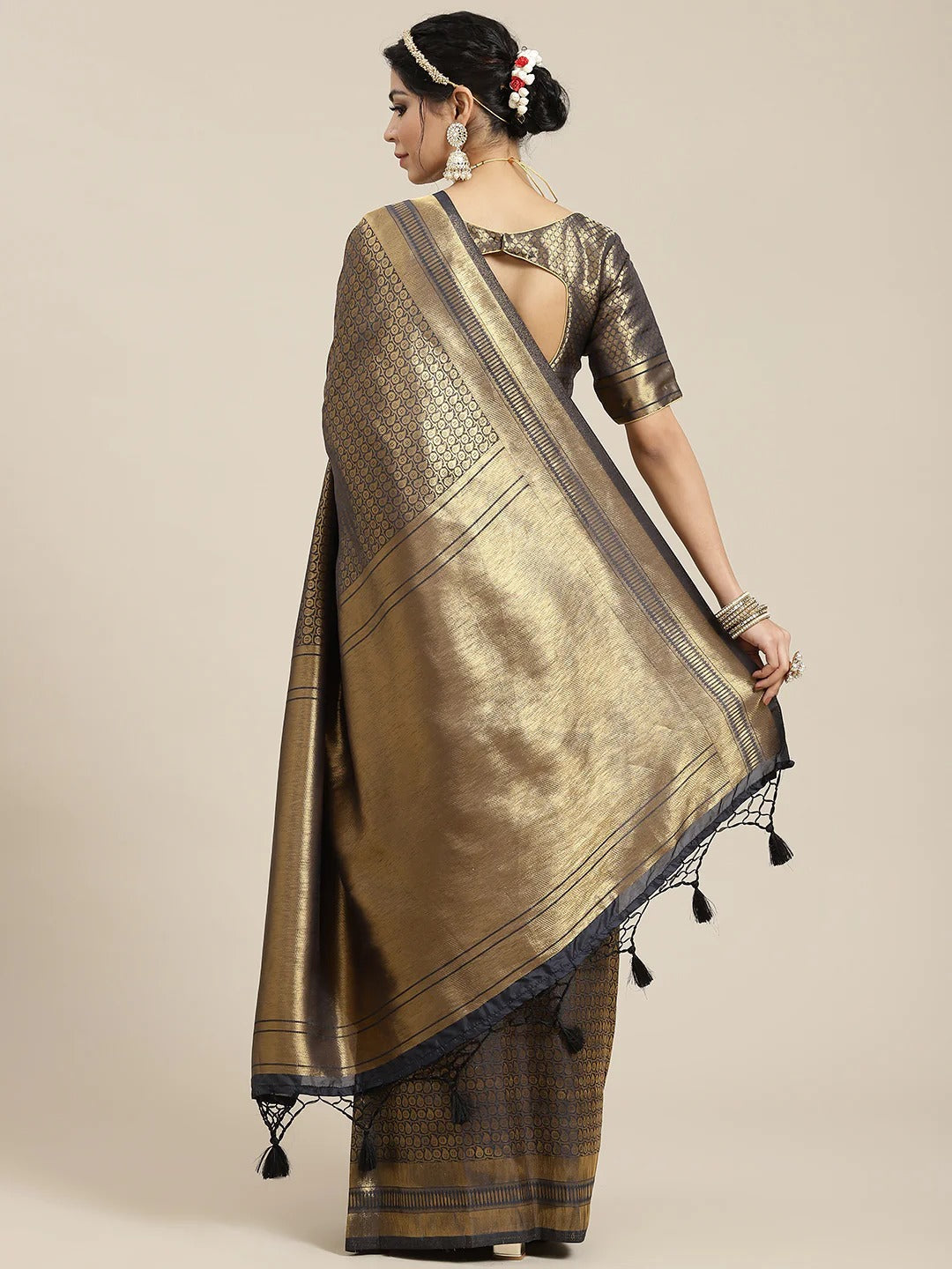 Festival Wear Charcoal Grey and Gold Color Soft Silk Saree