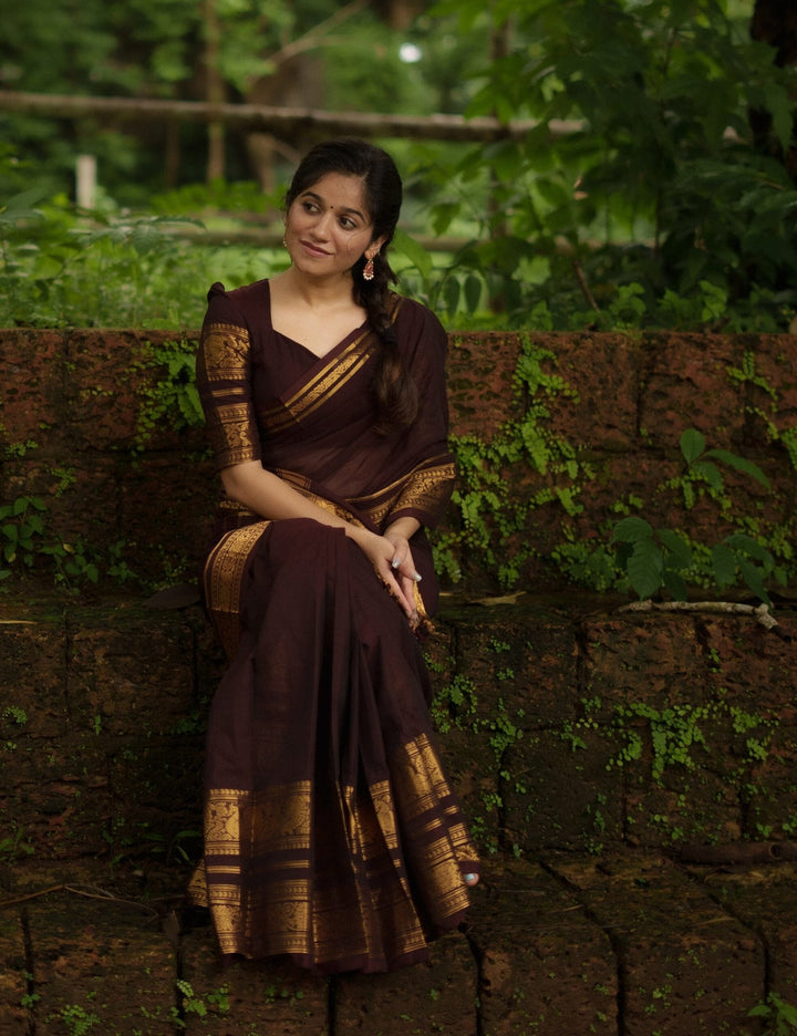 Festival Wear Dark Maroonish Brown Color Cotton Silk Saree