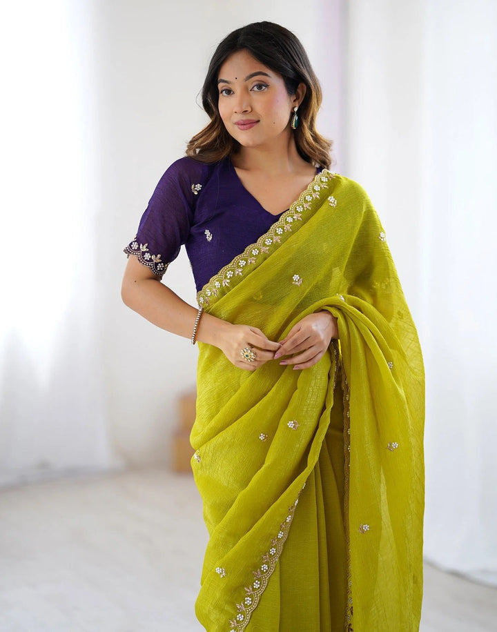 Festival Wear Green Color Soft Silk Embroidery Saree