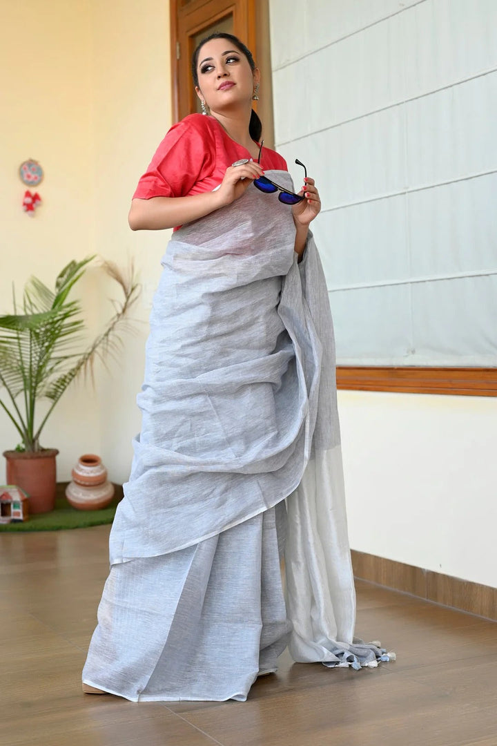 Festival Wear Light Blue Color Linen Handloom Saree