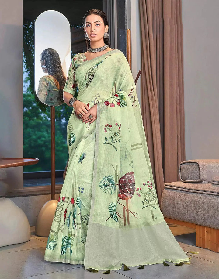 Festival Wear Light Green Color Linen Silk Saree with Short Pallu