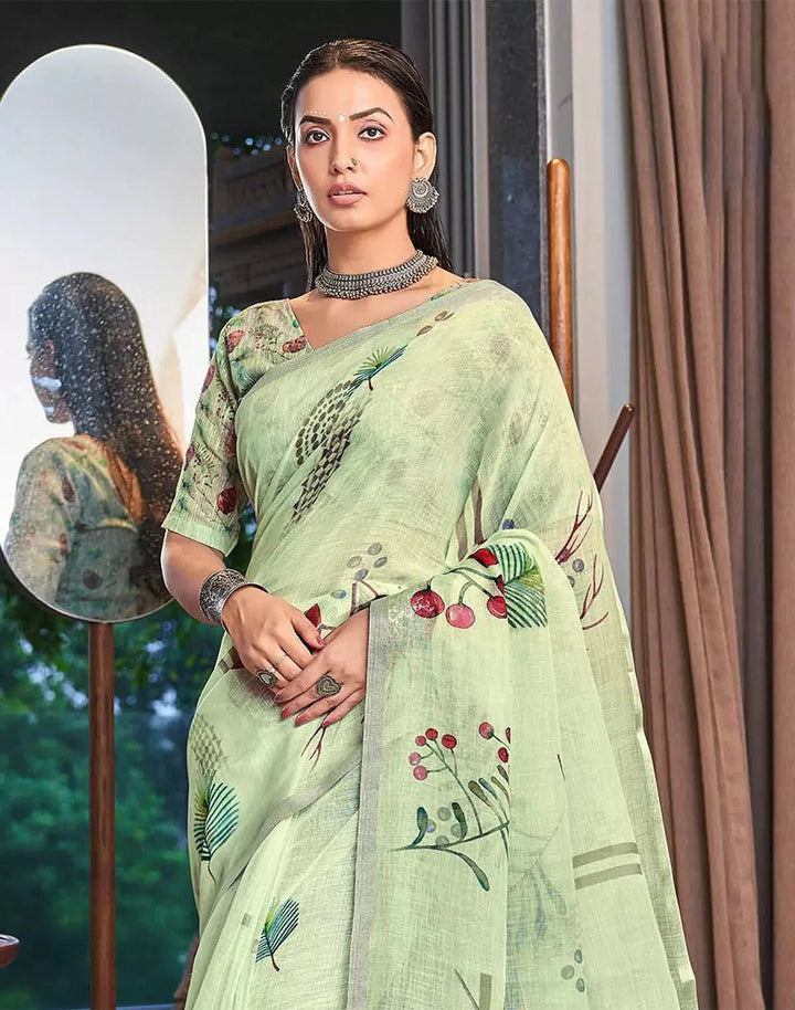 Festival Wear Light Green Color Linen Silk Saree with Short Pallu
