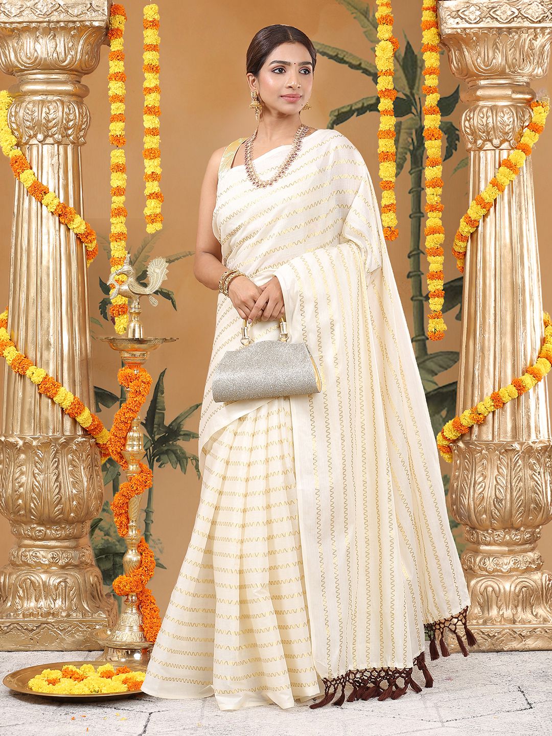 Festival Wear Off White Color Cotton Soft Silk Saree