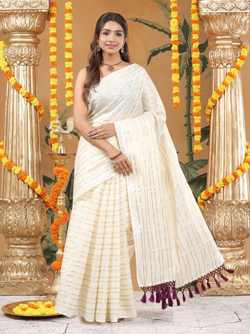 Festival Wear Off White Color Cotton Soft Silk Saree