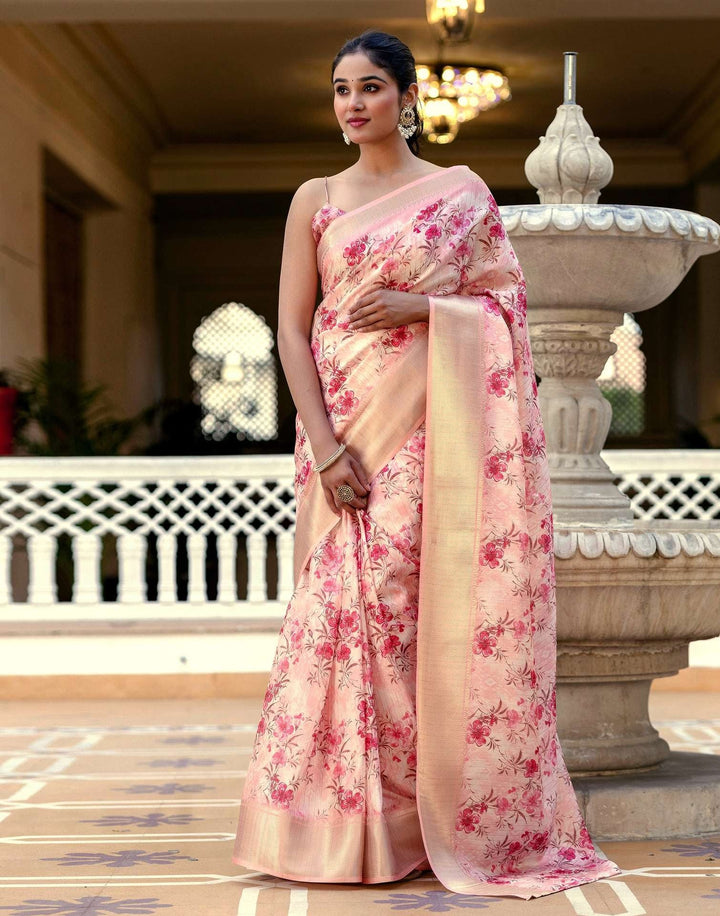 Festival Wear Peach Color Soft Silk Printed Saree