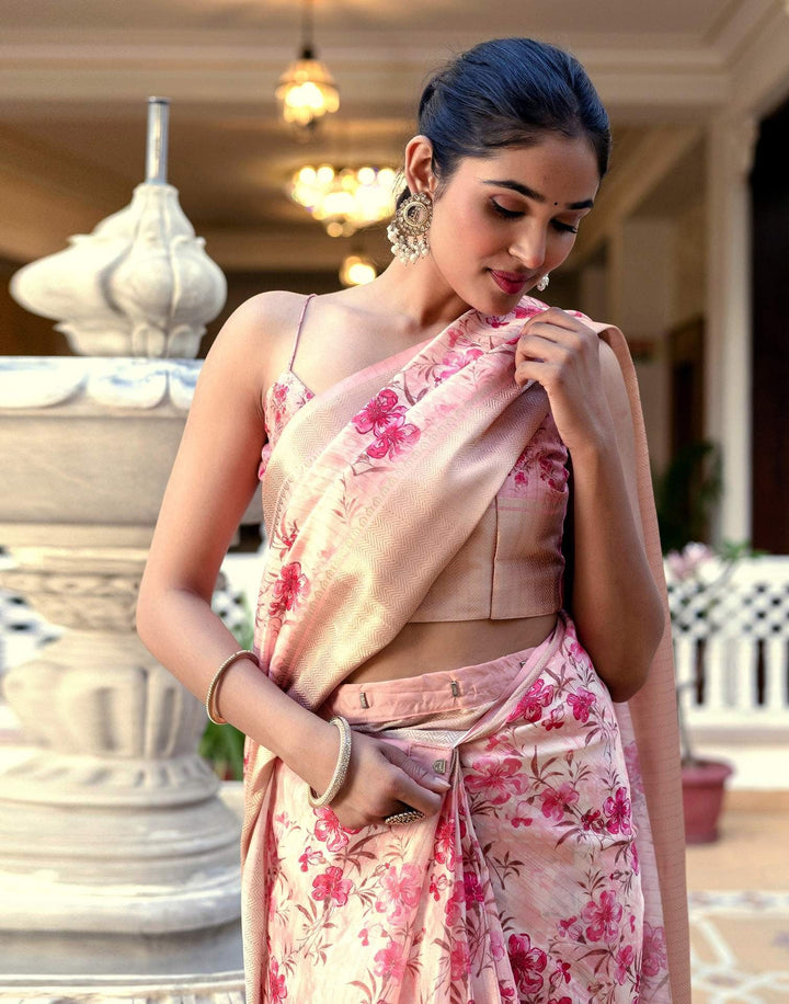 Festival Wear Peach Color Soft Silk Printed Saree