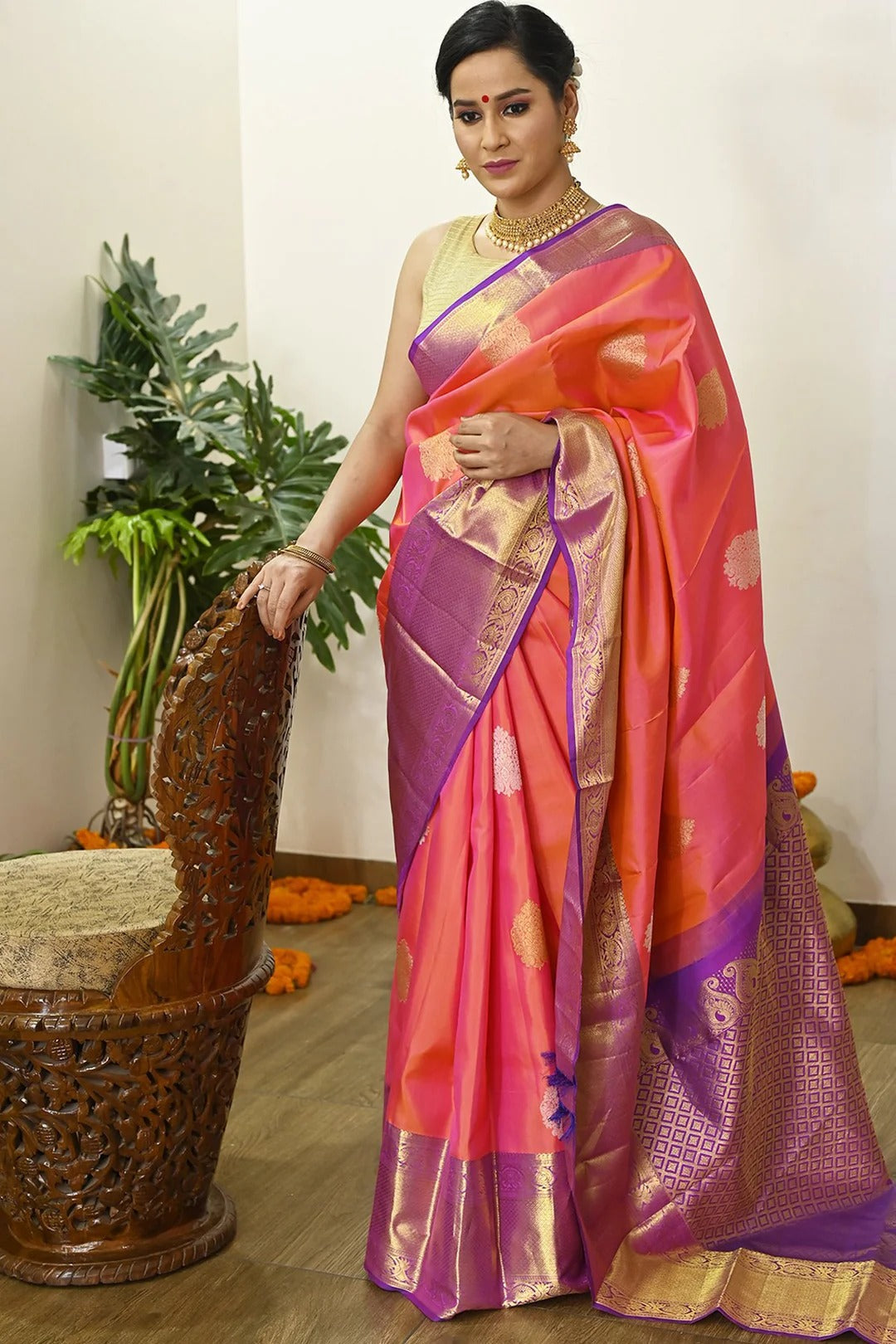Festival Wear Pink And Orange Kanjivaram Saree With Richness Of Silver Zari
