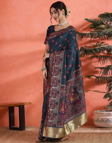 Festival Wear Rama Blue Color Soft Silk Woven Saree