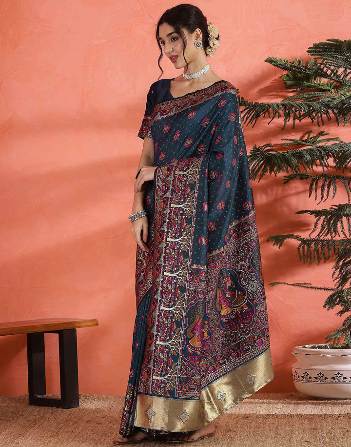 Festival Wear Rama Blue Color Soft Silk Woven Saree