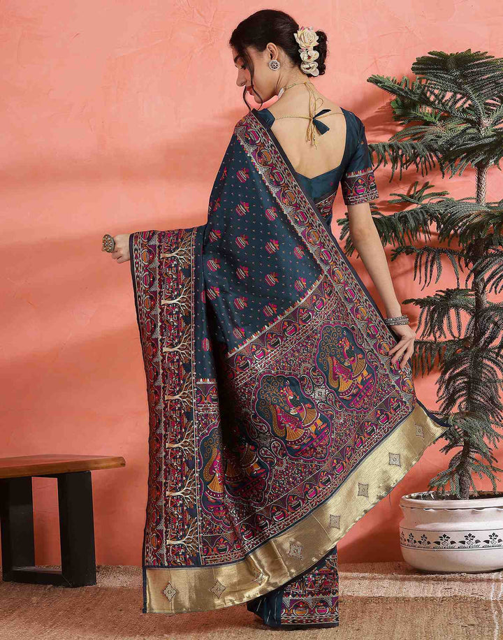 Festival Wear Rama Blue Color Soft Silk Woven Saree
