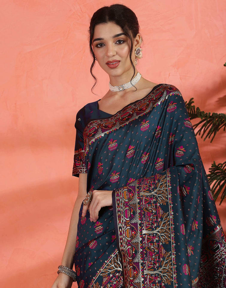 Festival Wear Rama Blue Color Soft Silk Woven Saree