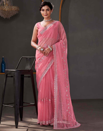 Festival Wear Rose Pink Color Linene Silk Saree