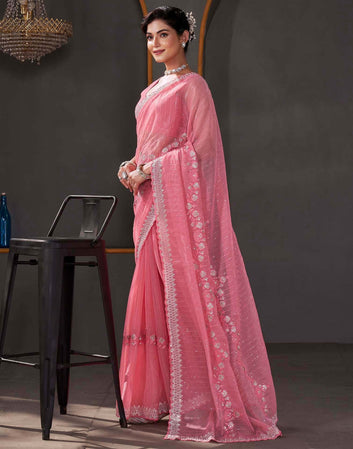 Festival Wear Rose Pink Color Linene Silk Saree