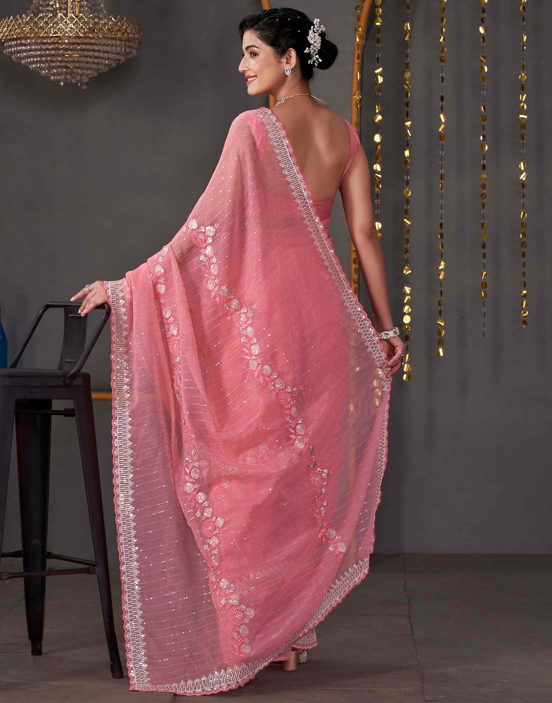 Festival Wear Rose Pink Color Linene Silk Saree