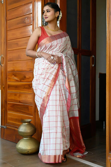 Festival Wear White And Red Color Maheshwari Saree With Golden Zari Pallu