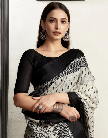 Festival Wear White Color Cotton Blend Printed Saree