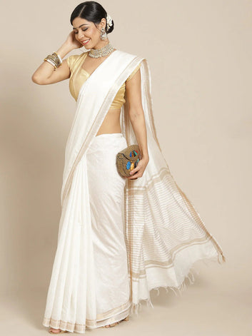 Festival Wear White Color Soft Silk Handloom Saree