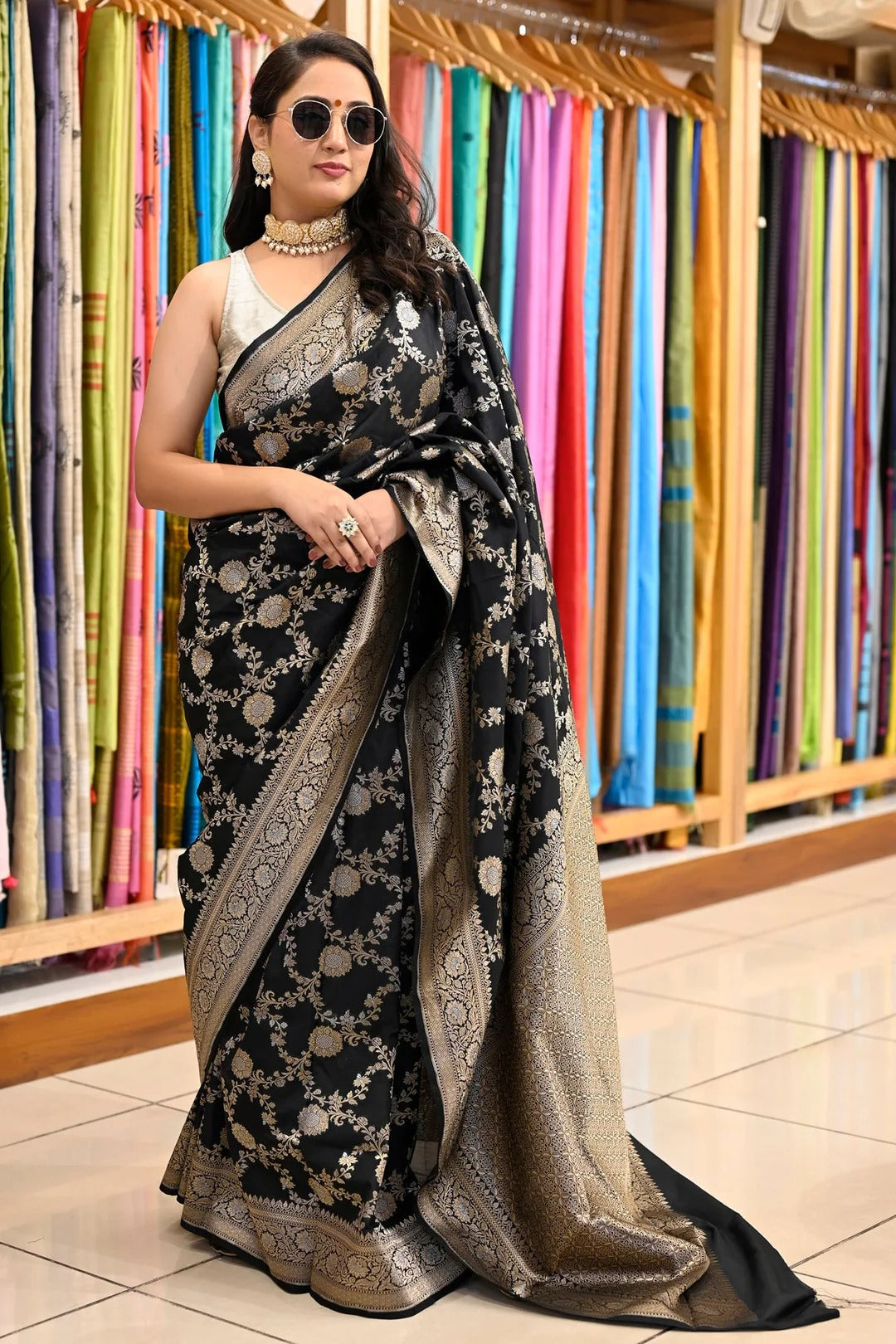 Party Wear Black Color Banarasi Silk Saree With Meena Work