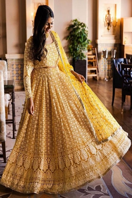 Golden Heavy Embroidered Bridal Lehenga Choli with Dupatta