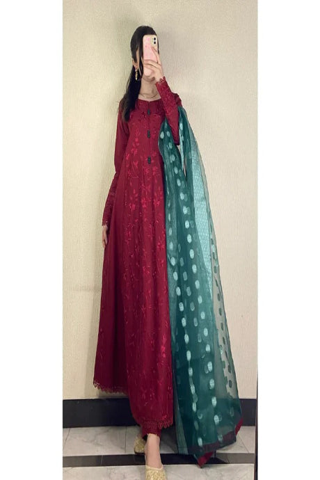 Maroon Anarkali Kurta Set for Women with Green Dupatta Elegant Ethnic Wear