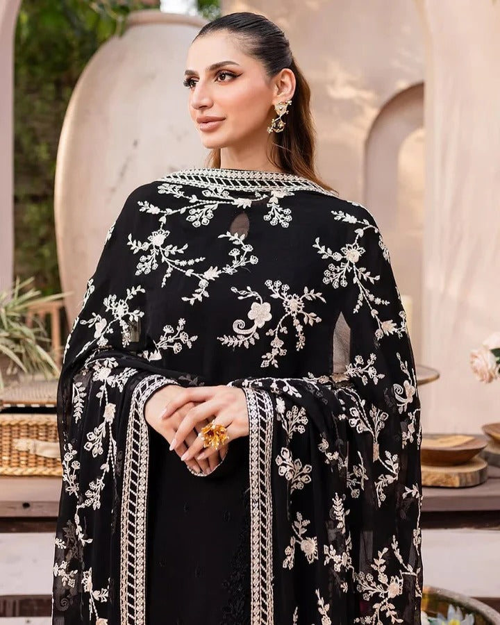 Designer Black Ethnic Wear with Floral Dupatta Modern Indian Fashion