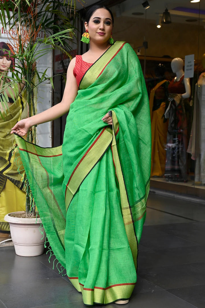 Office Wear Parakeet Green Color linen Handloom Saree