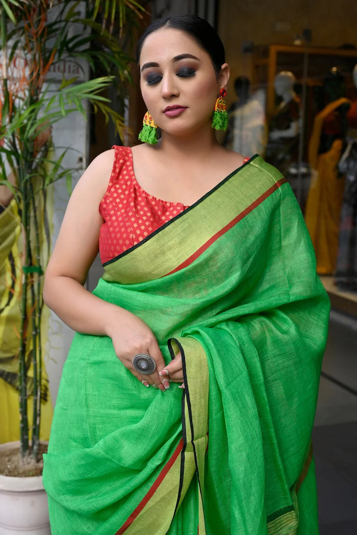Office Wear Parakeet Green Color linen Handloom Saree