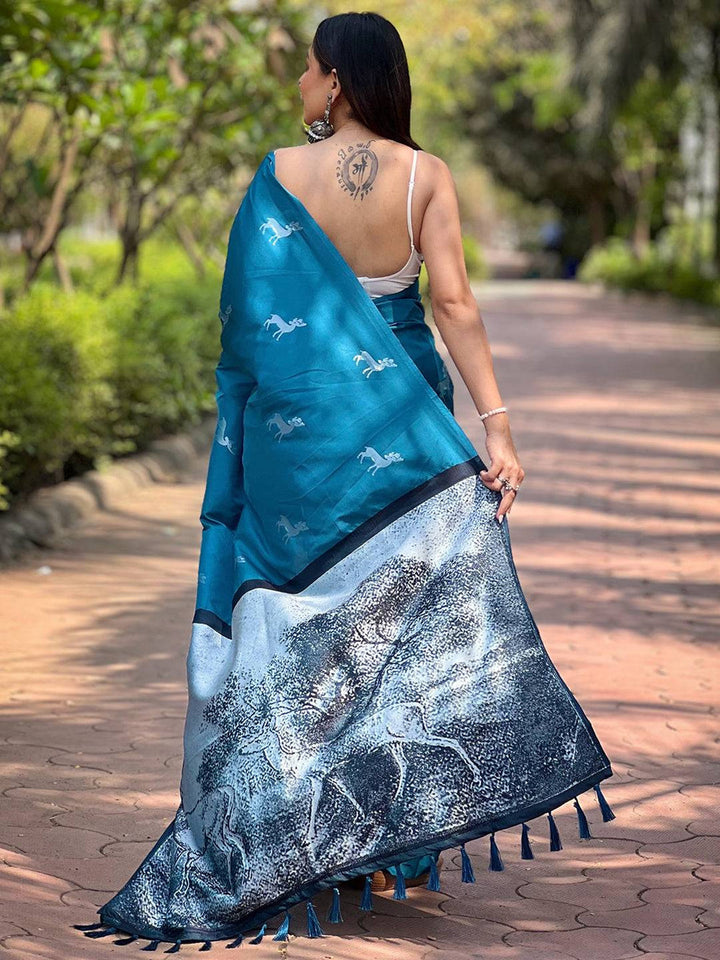 Office Wear Rama Color Banarasi Soft Silk Saree