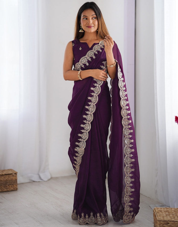 Office Wear Wine Color Soft Silk Embroidery Saree