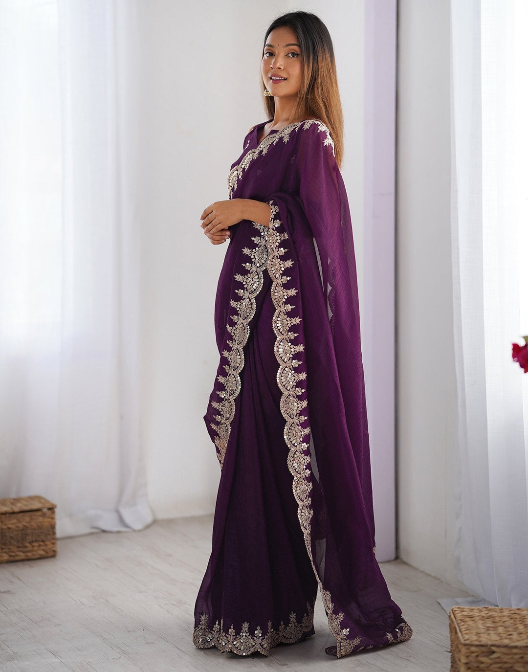 Office Wear Wine Color Soft Silk Embroidery Saree