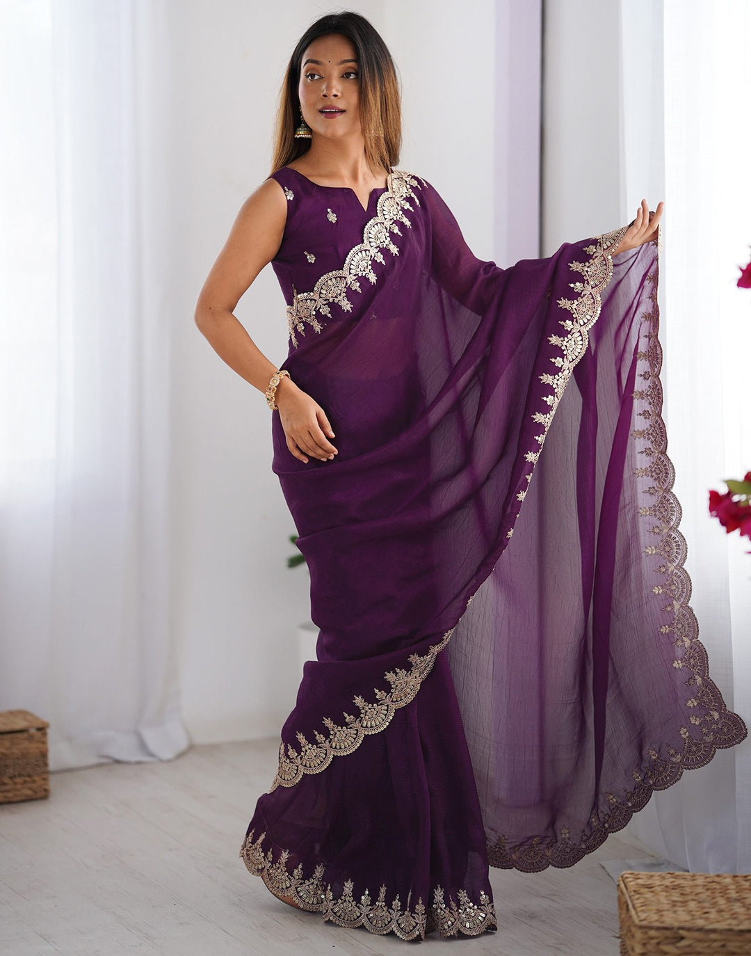 Office Wear Wine Color Soft Silk Embroidery Saree